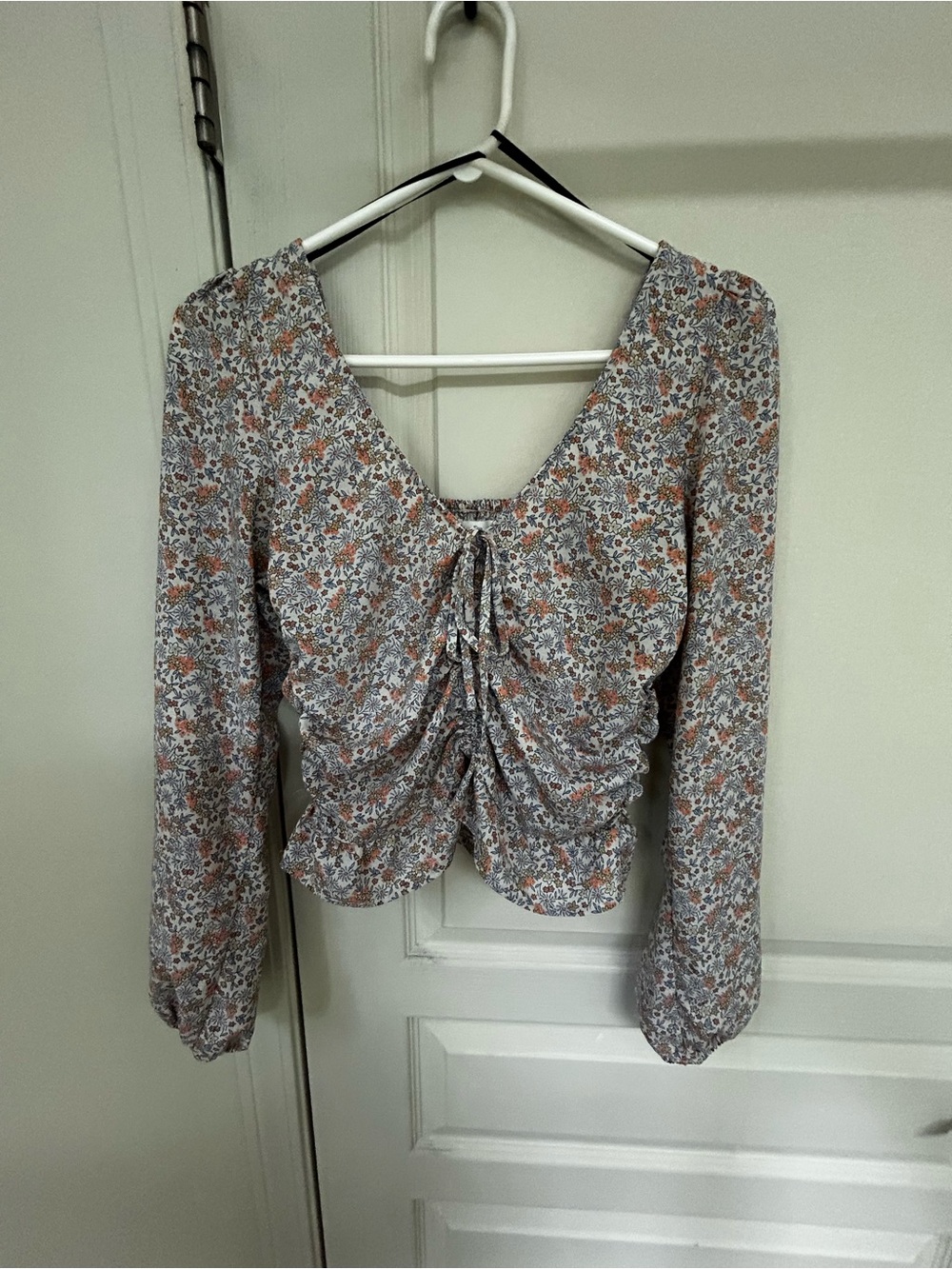 H&M Floral Ruched Front Long-Sleeve Top - Orange & Blue